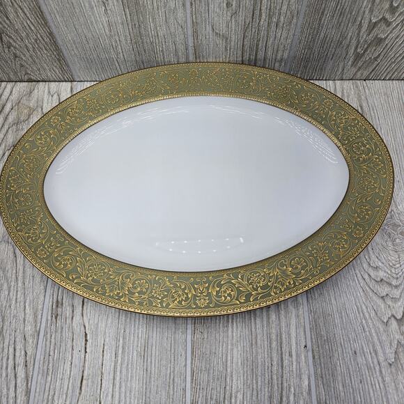 Sango‎ China Versailles 14" Oval Serving Platter Plate Japan #3632 Green Gold - Picture 2 of 6